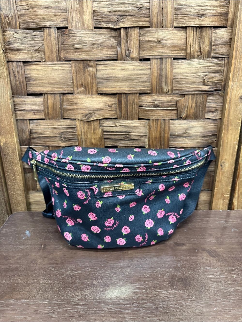 Juicy Couture Black Crossbody Belt Bag with Pink Rose Print